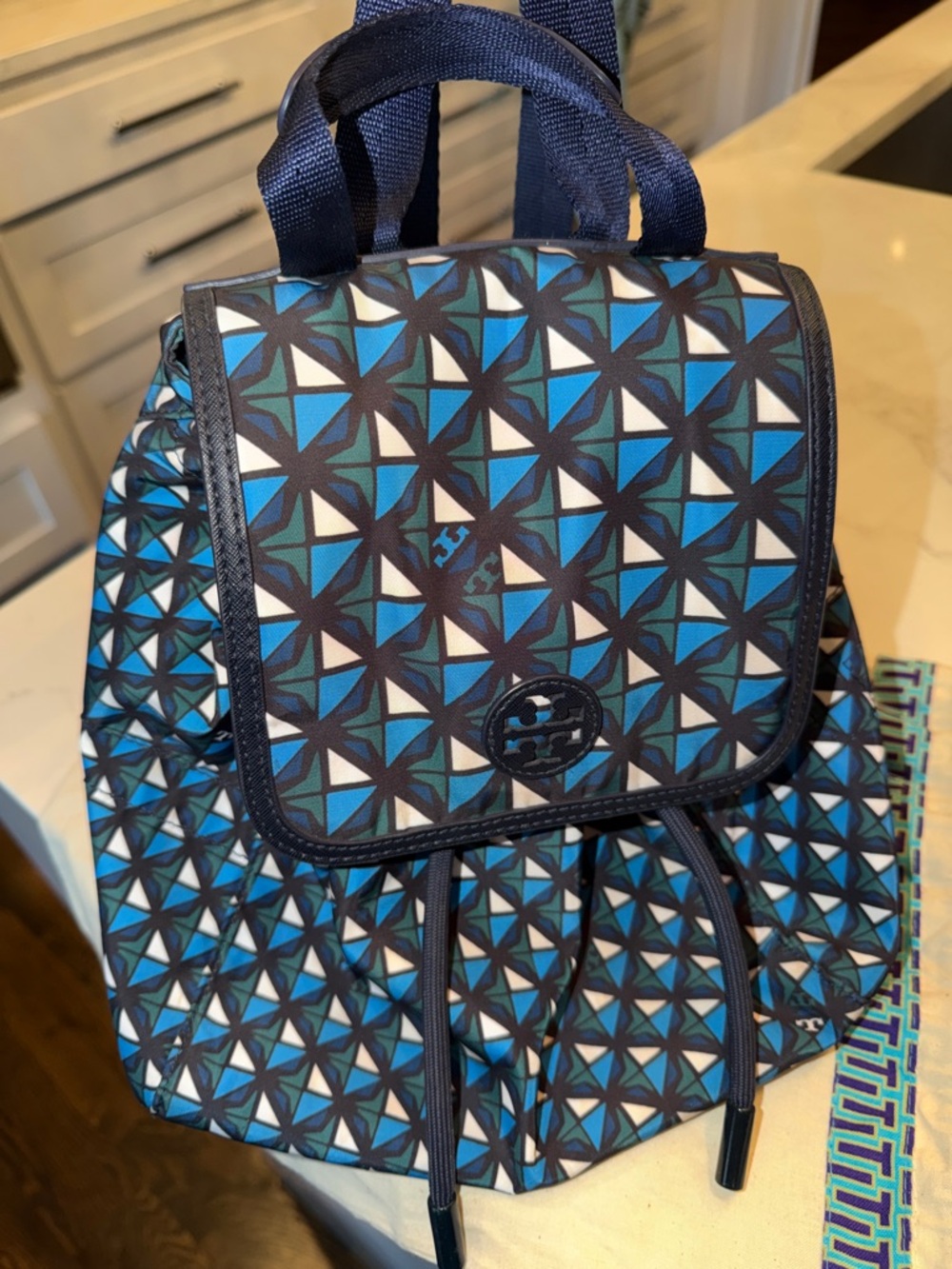 Tory Burch Navy and Blue Geometric Scout Nylon Drawstring Small Backpack